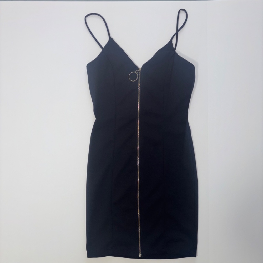 O' Delilah black mini spaghetti strap zip up dress